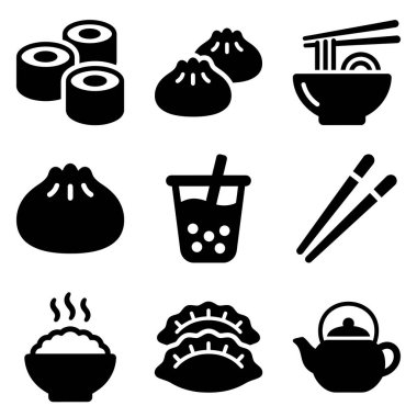 Suşi, ramen, hamur köftesi, boba çayı ve pirinç gibi popüler Asya yiyecek ve içeceklerini temsil eden dokuz basit simge koleksiyonu, beyaz arka planda izole edilmiş..