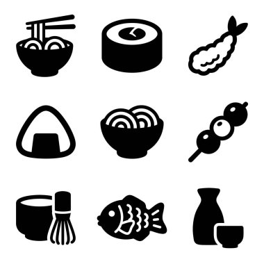 Geleneksel Japon yiyecek ve içeceklerini temsil eden dokuz basit siyah ikondan oluşan bir koleksiyon. İçinde ramen, sushi, tempura, onigiri, dango, matcha, taiyaki ve sake var..