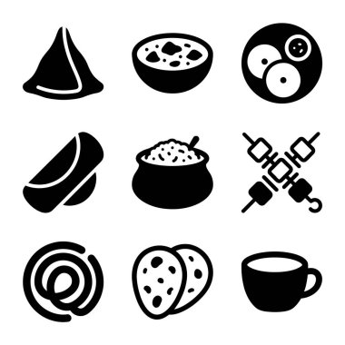 Samosa, köri, kebap ve çay gibi popüler Hint yemeklerini tasvir eden dokuz siyah ve beyaz simge koleksiyonu. Web ve grafik tasarımı için basit kabartma biçimi.