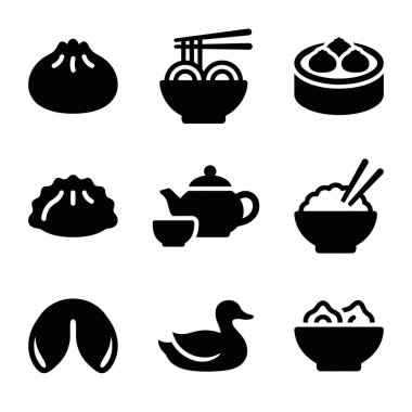 Geleneksel Çin mutfağını temsil eden dokuz basit simge koleksiyonu. Dim sum, baozi, erişte, pirinç, çaydanlık, fal kurabiyesi ve ördek..