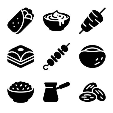 Beyaz arka planda izole edilmiş kebap, baklava, humus ve Türk kahvesi de dahil olmak üzere geleneksel Türk ve Ortadoğu yiyecek ve içeceğini temsil eden dokuz siyah katı ikondan oluşan bir koleksiyon..