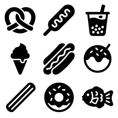 Çubuk kraker, mısırlı sosis, köpüklü çay, dondurma, sosisli, takoyaki, churro, donut ve taiyaki gibi çeşitli sokak yiyeceklerini temsil eden dokuz simge..