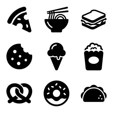 Pizza, erişte, sandviç, kurabiye, dondurma, patlamış mısır, simit, çörek ve taco gibi çeşitli yemek ve atıştırmalıkları temsil eden dokuz basit siyah yiyecek ikonundan oluşan bir koleksiyon..