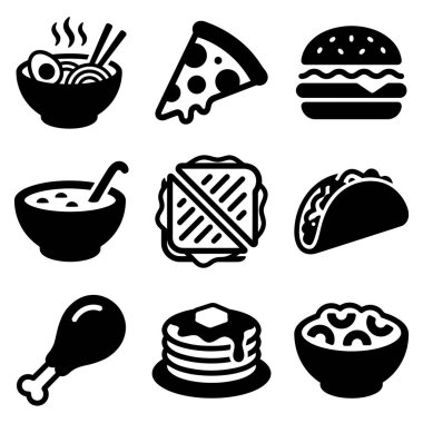 Katı siyah kabartma şeklinde dokuz basit gıda ikonundan oluşan bir koleksiyon. Sette ramen, pizza, hamburger, çorba, sandviç, taco ve daha fazlası gibi popüler yemekler yer alıyor..