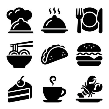İçinde şef şapkası, saat, burger, taco, erişte, kek, kahve ve ıstakoz bulunan dokuz tane katı siyah gıda ikonu var. Restoran menüleri veya uygulamalar için mükemmel..