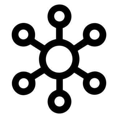 Bir ağ veya bağlantıyı temsil eden minimalist siyah çizgi simgesi. Merkezi bir düğüm bir merkezdeki altı çevredeki düğüme bağlıdır ve konuşur veya moleküler yapıya bağlıdır.