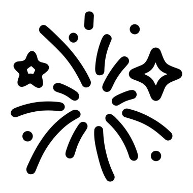 Havai fişek patlamasını tasvir eden minimalist siyah-beyaz çizgili bir sanat simgesi. Grafik, çizgiler, noktalar ve yıldız şekilleri, kutlama patlamalarını sembolize eder..