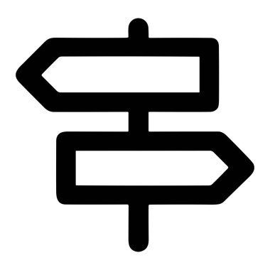 Karşıt yönleri gösteren iki boş oku olan bir yol işaretinin minimalist vektör simgesi. Bu sembol karar, seçim, yön, rehberlik ve yol ayrımını temsil eder..