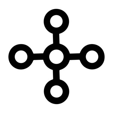 Çevredeki dört düğüme bağlı merkezi bir noktayı gösteren minimalist bir kabartma simgesi. Bu sembol ağ, bağlantı ve moleküler yapı gibi kavramları temsil eder..