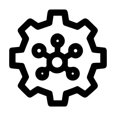 Bağlı düğümler, teknoloji, otomasyon ve sistem entegrasyonunu sembolize eden merkezi merkezli mekanik bir dişlinin minimalist siyah beyaz grafiği.