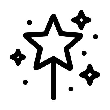 Üzerinde beş köşeli bir yıldız olan sihirli bir değneğin basit bir siyah beyaz çizgi simgesi. Sihir ve dilekleri temsil eden ışıldayan parıltı ve noktalarla sarılmış değnek..