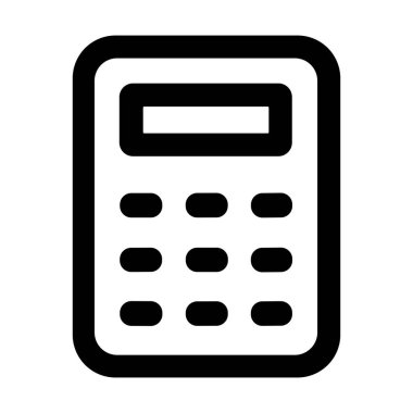 Bir ekran ekranı ve tuş takımı içeren bir hesap makinesinin minimalist siyah ana hatlı simgesi. Bu basit vektör grafiği, finans, matematik veya iş dünyası ile ilgili web, uygulama ve baskı tasarımları için mükemmeldir..