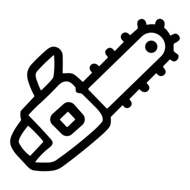 Minimalist ve cesur bir siyah çizgili testere ikonu. Bu vektör grafiği beyaz arka planda izole edilmiş odun, ağaç kesme ve ormancılık için kullanılan bir güç aracını temsil eder..