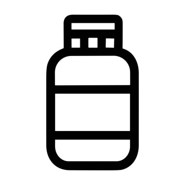 Bir ilaç ya da takviye şişesinin minimalist siyah ana hatlı simgesi. Bu basit vektör grafiği beyaz bir arkaplanda izole edilmiştir, sağlık veya tıbbi temalar için mükemmeldir..