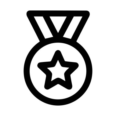 Merkezinde beş köşeli bir yıldız bulunan ve kurdeleye asılı dairesel bir madalya tasvir eden minimalist siyah beyaz çizgi ikonu. Ödülü, başarıyı ve birinciliği simgeliyor..