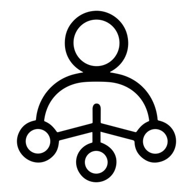 Beyaz arkaplanda hiyerarşik yapıyı gösteren basit bir siyah çizgi simgesi. Merkezi bir figür, yönetim, takım çalışması ve ağ bağlantılarını sembolize eden üç alt düğüme bağlıdır..