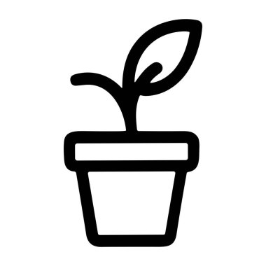 Çiçek saksısında iki yaprak büyüyen küçük bir fidyenin minimalist taslak simgesi. Beyaz arka planda izole edilmiş, yeni büyümeyi, bahçıvanlığı ve doğayı temsil eden basit bir vektör grafiği..