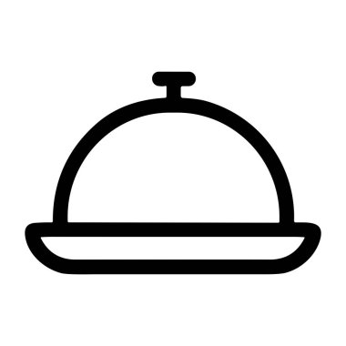 Basit bir siyah çizgi sanat simgesi bir saat ya da servis tabağında yiyecek kapağı. Bu minimalist grafik yemek, restoran, yemek servisi ve gurme yemeklerini temsil ediyor..