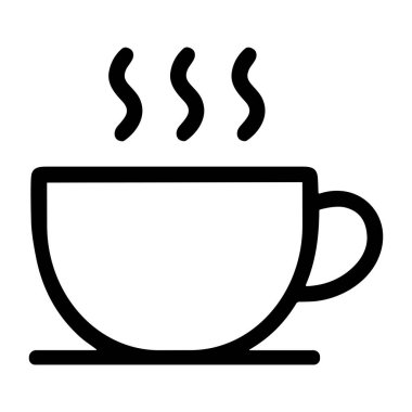 Sıcak bir fincan kahve ya da çay fincanını bir tabakta tasvir eden temiz ve basit bir siyah taslak ikonu. Bu minimalist grafik web tasarımı, menüler ve kafe markası için mükemmeldir..