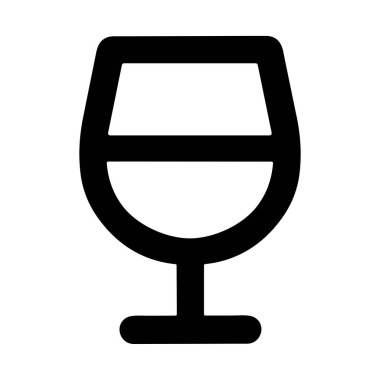 Minimalist ve modern bir ikon koyu siyah çizgili bir şarap kadehini tasvir ediyor. Bardağın yarısı temiz beyaz arka planda izole edilmiş bir içecekle dolu..