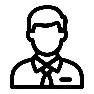 Minimalist bir siyah taslak ikonu, yakalı gömlek ve kravat takan saçları olan bir adamı gösteriyor. Bir kullanıcı, çalışan veya profesyonel profili temsil eder.