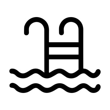 Yüzme havuzu merdiveninin minimalist vektör grafiği. Bu basit siyah dış hat simgesi, beyaz bir zemin üzerinde izole edilmiş, suyu temsil eden dalgalı çizgilere giren tırabzanları ve adımları gösterir..