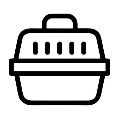 Taşınabilir bir hayvan taşıyıcısının ya da sandığın basit, koyu siyah bir tasviri. Bu minimalist simge, hayvan seyahat ve güvenliğini sembolize eden bir kol ve havalandırma yuvasına sahip..