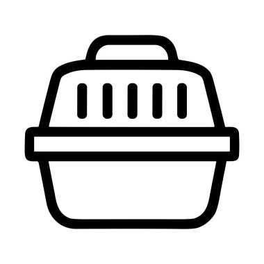 Taşınabilir bir hayvan taşıyıcısının ya da seyahat sandığının basit bir siyah çizgi vektör simgesi. Bu grafik sembolü hayvan taşımayı, veteriner ziyaretlerini ve kedi-köpek güvenliğini temsil ediyor..