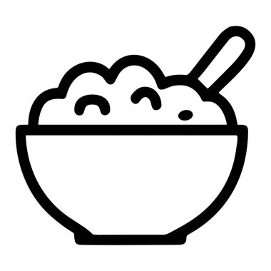 Sağlıklı bir kahvaltıyı temsil eden basit bir siyah-beyaz vektör ikonu. Bu grafik yulaf ezmesi ya da kaşıkla mısır gevreği dolu bir kase gösteriyor. Yemek ve sağlıkla ilgili tasarımlar için mükemmel..