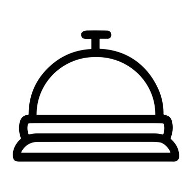 Bir otel ya da kapıcı servis çanının minimalist siyah taslak ikonu. Bu sembol konukseverliği, müşteri hizmetlerini, yardımı temsil ediyor ve resepsiyona giriş yapıyor..