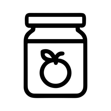 Meyve koruma veya reçel kavanozunu temsil eden minimalist bir vektör grafiği. Simge, önünde bir kapağı ve stilize meyve amblemi olan bir kavanozun basit bir taslağını içeriyor..