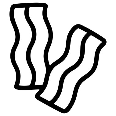 İki dalgalı pastırma şeridi tasvir eden minimalist siyah beyaz bir ikon. Bu basit çizgi çizimi kahvaltı, domuz eti ve et kavramları için temiz bir grafik sembolüdür..