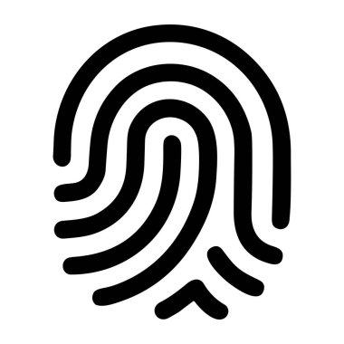 Beyaz arka planda minimalist bir siyah çizgi sanat parmak izi ikonu. Bu vektör grafiği kimlik, güvenlik, biyometrik ve kişisel doğrulamayı sembolize eder.