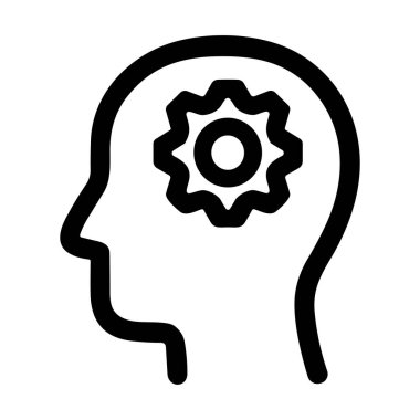 Vector graphic illustrating mental processing, problem solving, and creativity. A gear inside a human mind silhouette symbolizes thought and innovation.