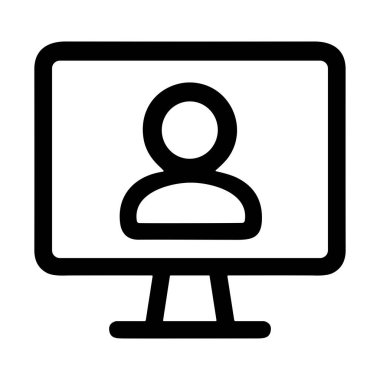 Teknoloji veya dijital arayüz temaları için uygun bir kullanıcı avatarını gösteren bir bilgisayar ekranını temsil eden minimal siyah ve beyaz simge.