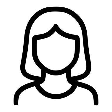 Omuz hizasında saçlı, profil simgeleri veya dijital kimlik temsilcileri için uygun bir kadın avatarın basit siyah beyaz çizimi.