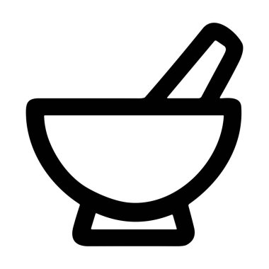 Dijital ve yazdırma ortamlarında eczane, ilaç veya sağlık temalarında kullanılan havan ve tokmak sembolünü gösteren basit bir monokrom simgesi.