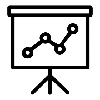 İş ve teknoloji bağlamları için veri grafikleri ve analizleri olan bir sunum tahtasını temsil eden basit siyah beyaz çizgi çizimi.