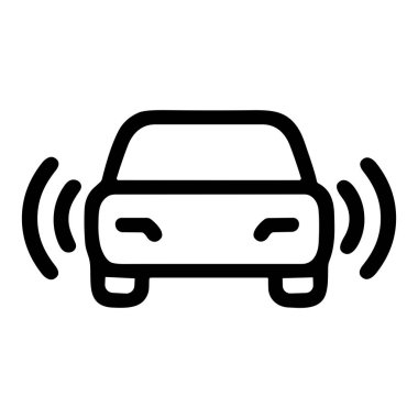Modern otomobillerde gelişmiş güvenlik ve sürücü yardım teknolojisi özelliklerini gösteren algılayıcı sinyalleri olan bir arabanın çizimi.