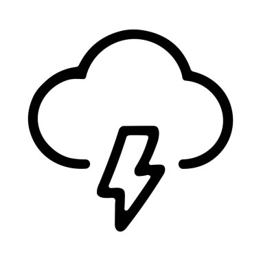 Hava durumu uygulamaları, tahminleri veya grafik tasarım projeleri için uygun bir fırtına bulutunu yıldırımlı tasvir eden basit bir siyah beyaz hava ikonu.