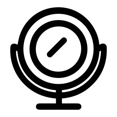 Modern iç temalar için minimum tasarım unsurlarına sahip yansımaya odaklanan, ayakta duran bir banyo aynasının basit siyah ve beyaz vektör grafiği.