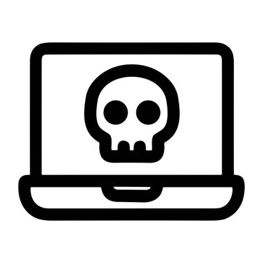 Dizüstü bilgisayar ekranındaki bir kafatasının minimalist siyah beyaz çizgi sanatı siber tehdidi simgeliyor veya riski hackliyor, teknoloji ve güvenlik temalarına uygun..