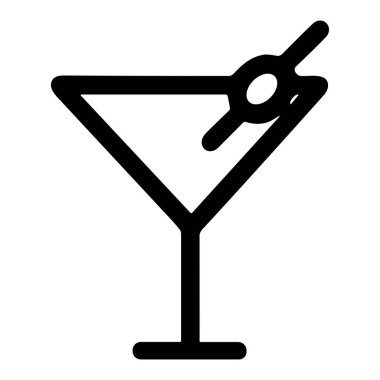 Bir kokteyl bardağının minimalist siyah ve beyaz çizimi, bir pipetle süslenmiş, içecekleri ve içecekleri sembolize ediyor.