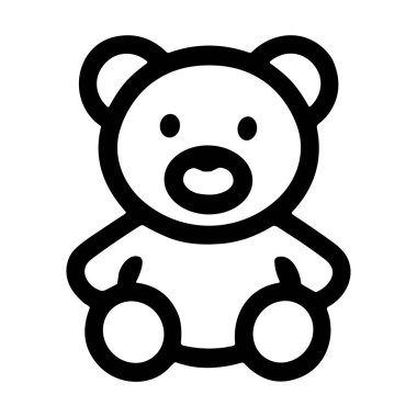 Bebek, çocuk ürünleri, medya ve eğitim materyali tasarımları için uygun basit siyah-beyaz oyuncak ayı çizgi film ikonu.