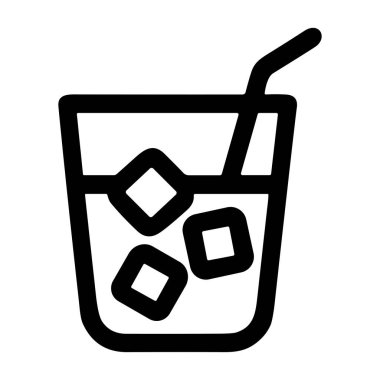 Buz küpleri ve pipetle dolu bir bardağın minimalist siyah beyaz çizimi içecek ve içecek temaları için soğuk ve ferahlatıcı bir içeceği temsil ediyor..