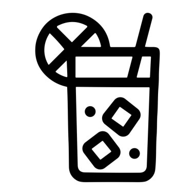Buz küpleri ve limon dilimi içeren içecek bardağının minimalist siyah beyaz çizimi canlandırıcı bir içecek ikonunu temsil ediyor..