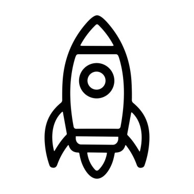 Uzay keşif temaları, teknoloji ve yenilik çizimleri için uygun bir roket gemisi sembolünün minimalist siyah ve beyaz taslağı.