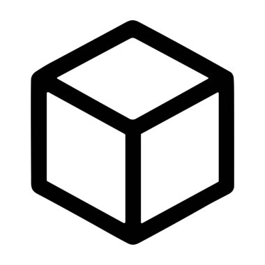 Yaratıcı projeler ve markalaşma için minimalizm, tasarım ve çağdaş dijital temaları temsil eden basit geometrik siyah beyaz küp simgesi.