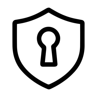 Dijital veya fiziksel ortamlarda güvenlik, koruma ve güvenliği temsil eden anahtar deliği sembollü basit bir siyah kalkan.