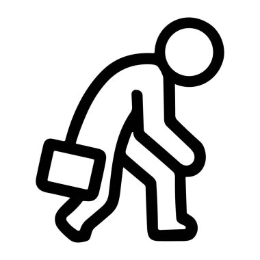 Yorgun ve kamburlaşmış birinin evrak çantası taşıyan basit bir siyah çizgi ikonu. Bu resim, yorgunluğu, yorgunluğu, stresi, depresyonu ve profesyonel ortamdaki aşırı çalışmayı simgeler..